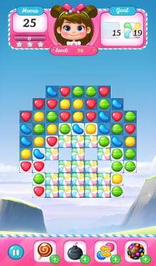 Candy Planet game level screen showing a colorful grid of candies. The top section displays a character's face, move count (25), level number (79), and goal (15/19 candies). The bottom section has icons for power-ups and options, set against a scenic background of mountains and sky.