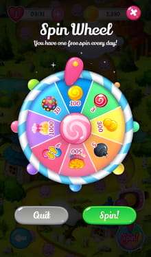 Colorful digital spin wheel game interface with daily rewards set against a whimsical forest background.