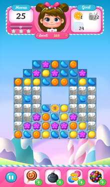 Mobile Game Interface: Level 169. The screenshot shows a colorful match-three puzzle game on a mobile device. At the top, there’s a character with brown hair and pink attire. The main grid contains hexagons, flowers, and numbered blocks. Move counters, power-up icons, and level goals are displayed below. The background features an icy mountain landscape.