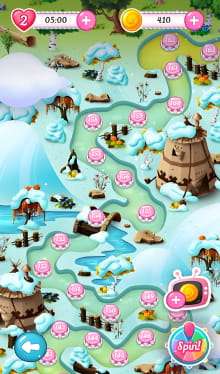 Arctic adventure game: snowy landscape, penguins, reindeer, icebergs, and paths to different levels. Timer at 05:00, score 410, plus signs for adding resources, settings icon, and in-game currency.