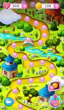 Colorful cartoon game map with river, bridges, trees, and numbered level icons.