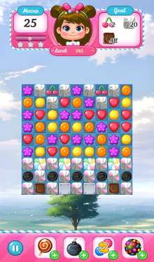 Screenshot of level 145 from a match-three puzzle game showing remaining moves, level goals, colorful icons on the board, locked item areas, and various game interface buttons.